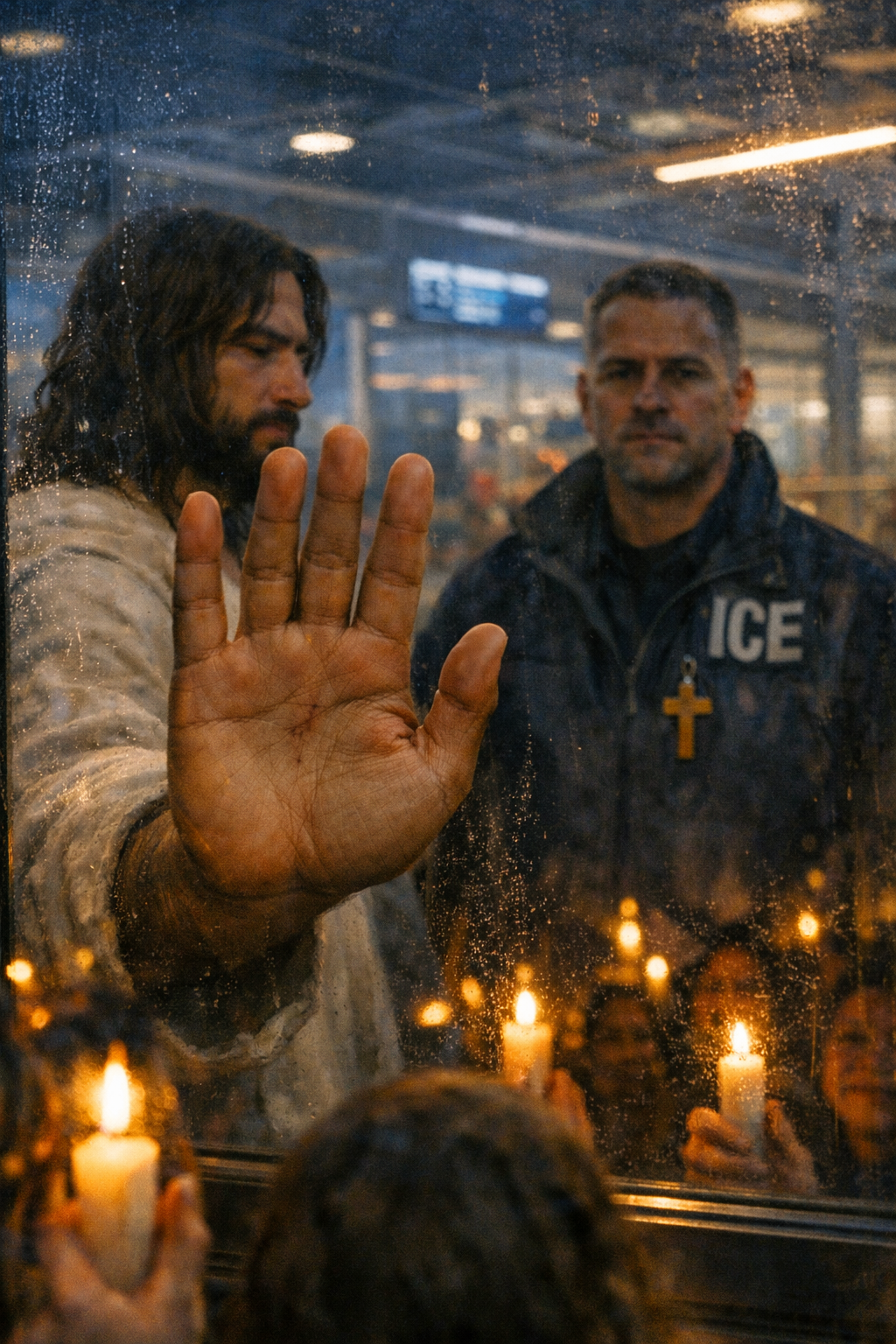 A hand pressed against airport terminal glass, hundreds of candles glowing in the predawn dark on the other side