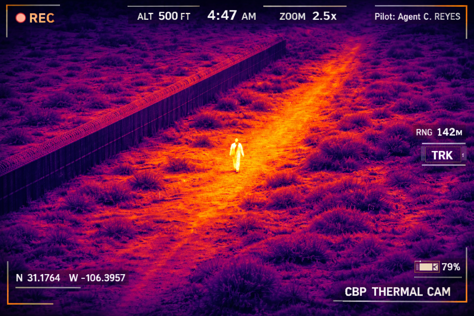 A lone figure crossing the desert at predawn, captured on thermal imaging